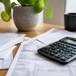 Calculatrice et factures posees a plat sur un bureau