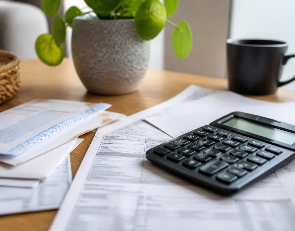 Calculatrice et factures posees a plat sur un bureau