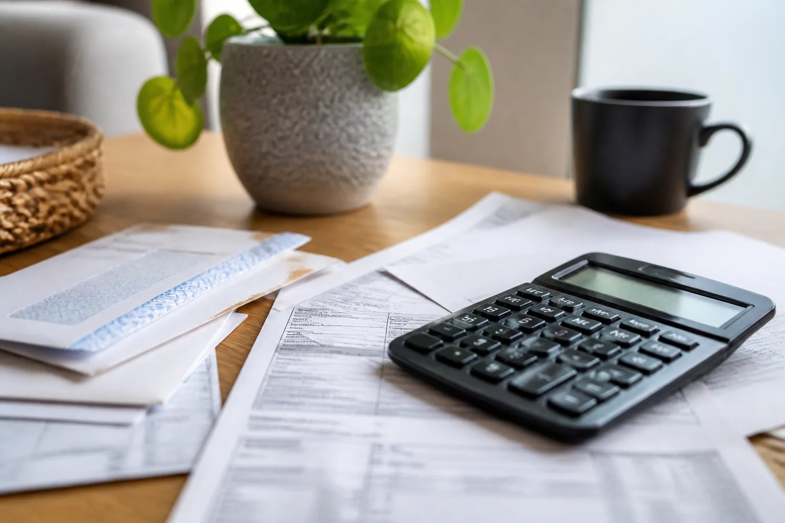 Calculatrice et factures posees a plat sur un bureau