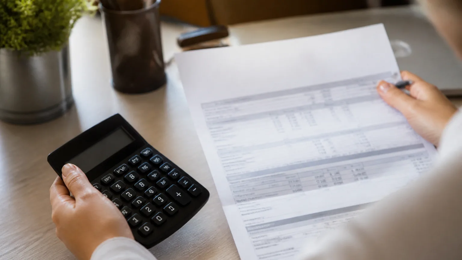Calculatrice et fiche de paie posees sur un bureau