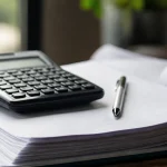 Calculatrice et stylo poses sur un dossier ouvert