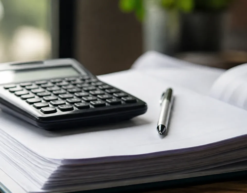 Calculatrice et stylo poses sur un dossier ouvert