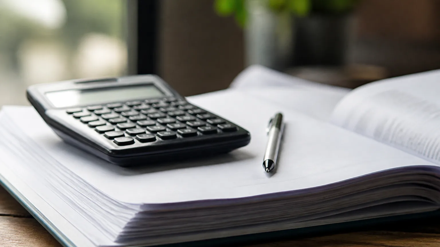 Calculatrice et stylo poses sur un dossier ouvert