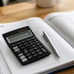 Calculatrice stylo posés sur un dossier ouvert