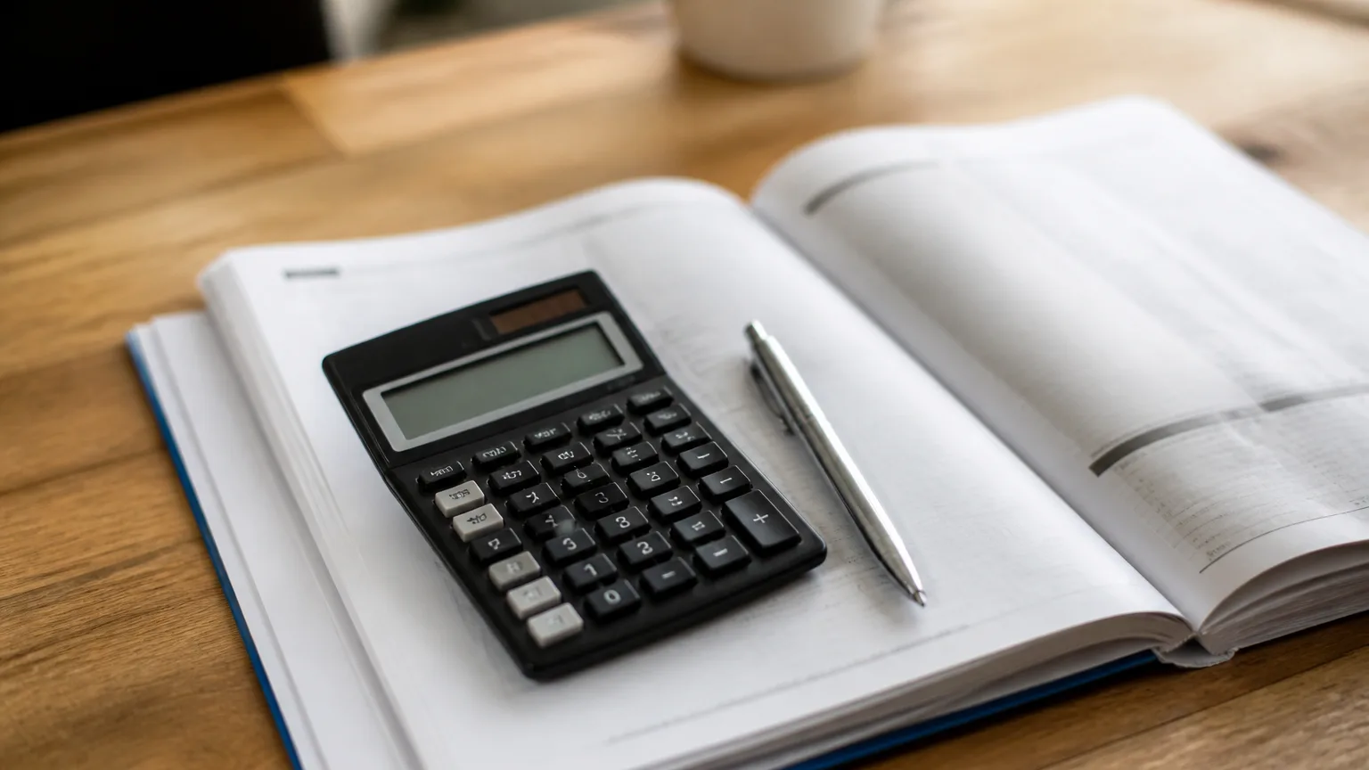 Calculatrice stylo posés sur un dossier ouvert