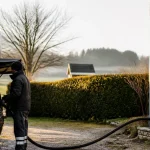Camion citerne pompant du fioul vers une cuve exterieure