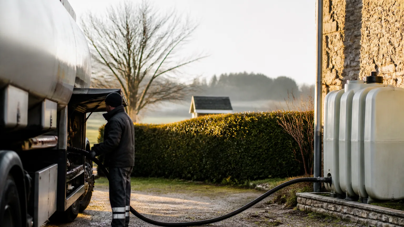 Camion citerne pompant du fioul vers une cuve exterieure