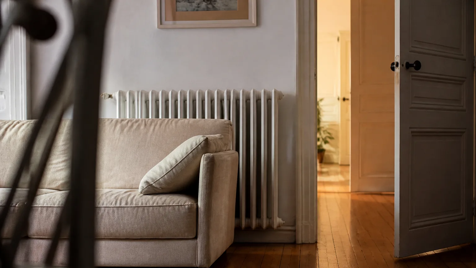 Canape pose devant radiateur, porte ouverte sur couloir