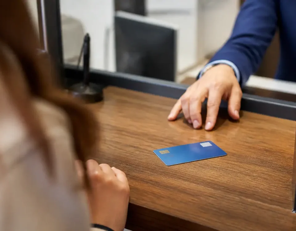 Carte bancaire bleue posee sur un comptoir de banque