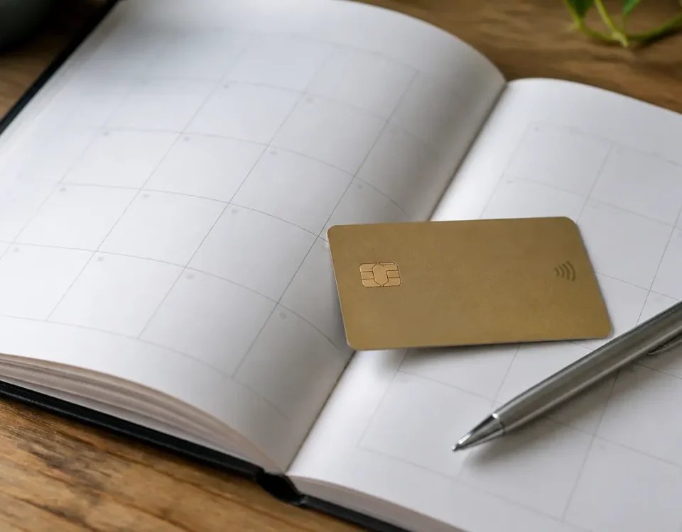 Carte bancaire posee sur un calendrier ouvert avec stylo