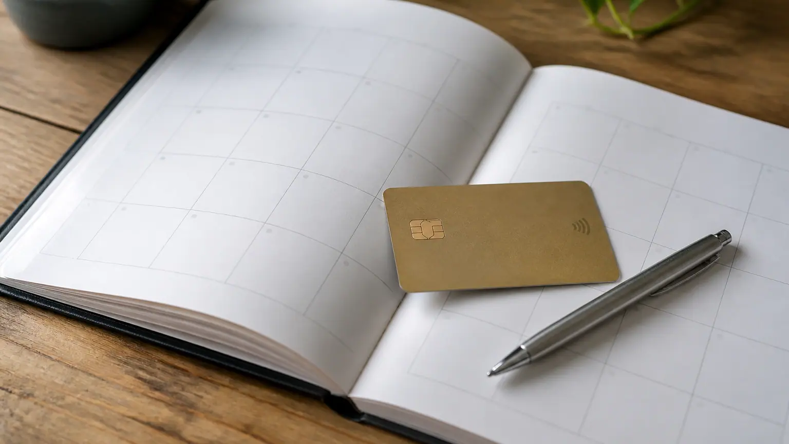 Carte bancaire posee sur un calendrier ouvert avec stylo