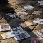 Cartes a collectionner eparpillees sur le pave, une botte