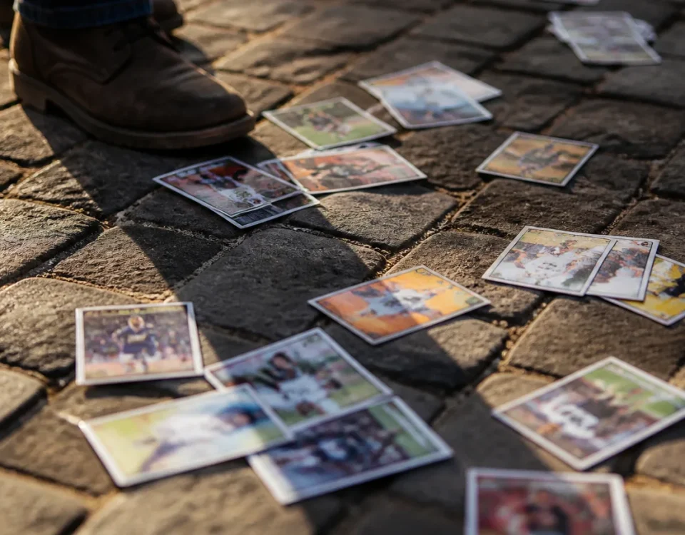 Cartes a collectionner eparpillees sur le pave, une botte