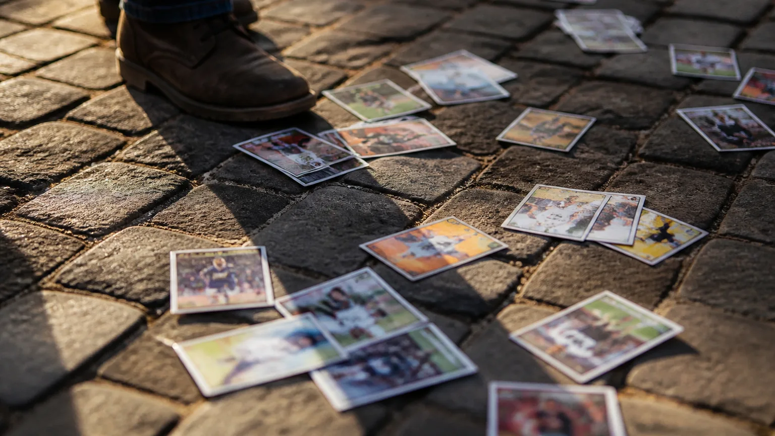 Cartes a collectionner eparpillees sur le pave, une botte