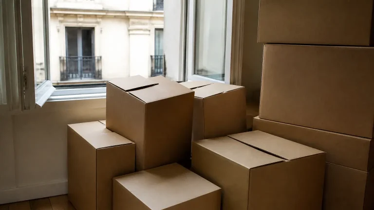 Cartons empiles au sol devant une fenetre ouverte