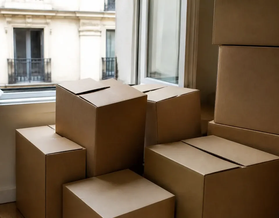 Cartons empiles au sol devant une fenetre ouverte