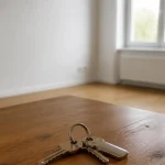 Cles posees sur une table dans un appartement vide