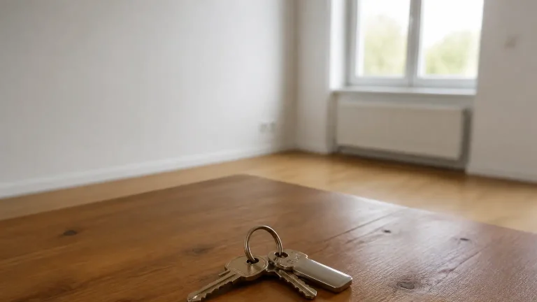 Cles posees sur une table dans un appartement vide