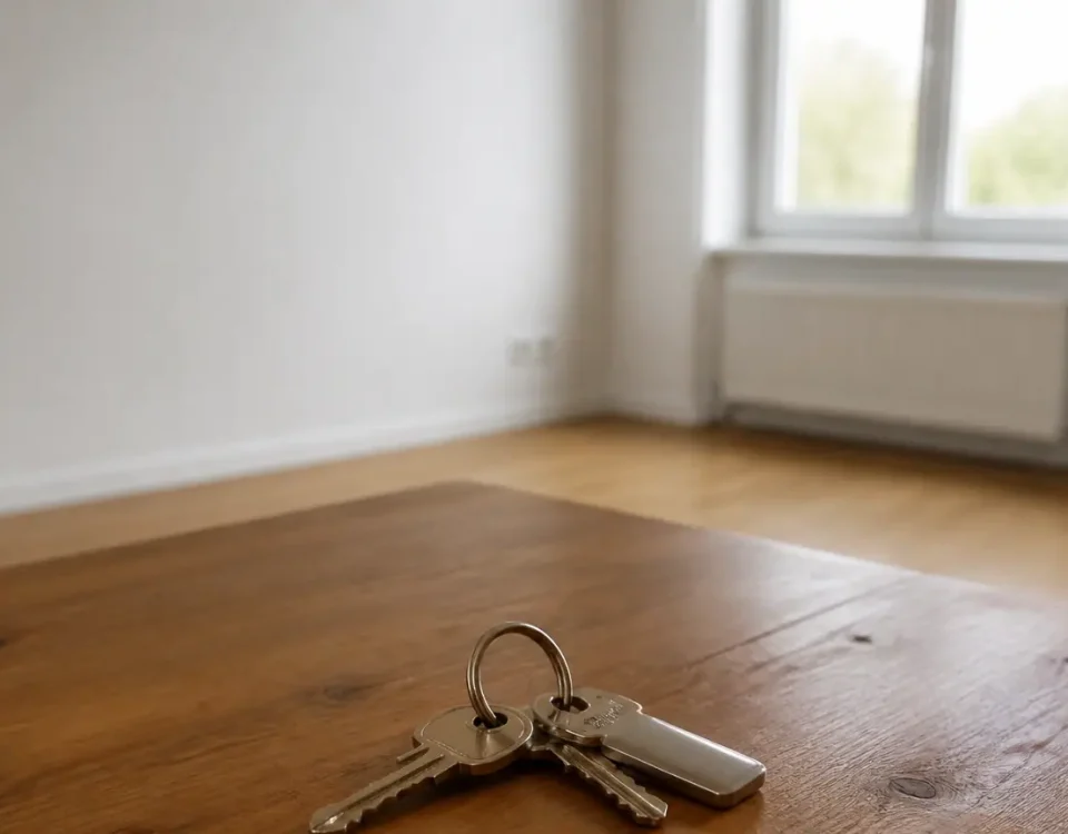 Cles posees sur une table dans un appartement vide