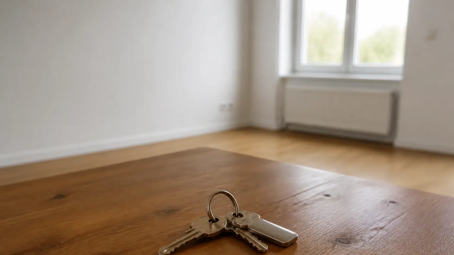 Cles posees sur une table dans un appartement vide