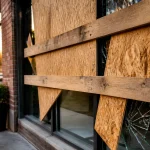 Commercant debout devant vitrine brisee avec planches de bois
