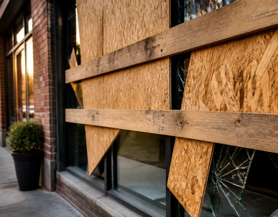 Commercant debout devant vitrine brisee avec planches de bois