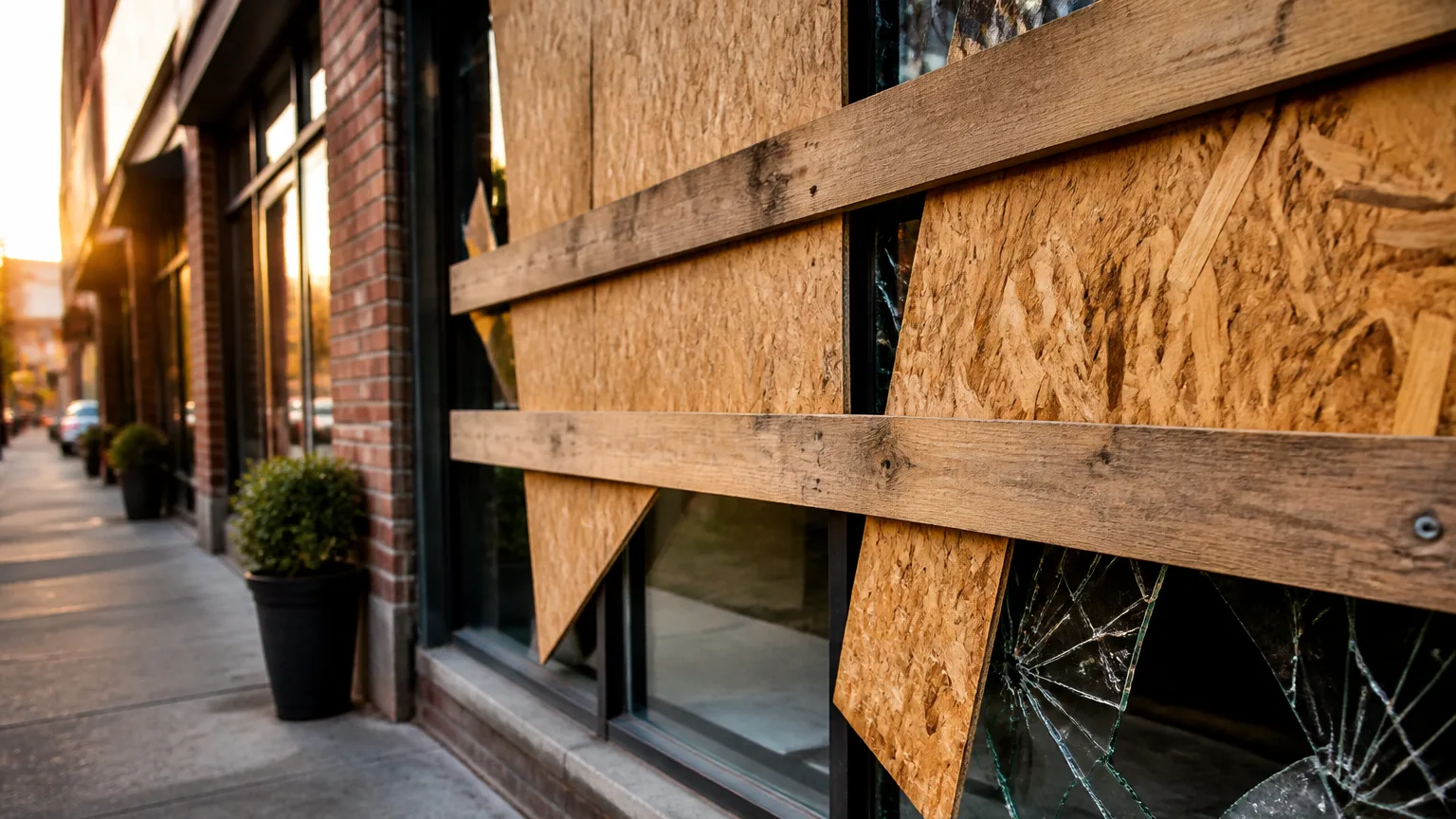 Commercant debout devant vitrine brisee avec planches de bois