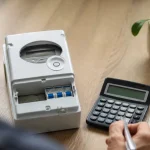 Compteur electrique et calculatrice poses sur un bureau