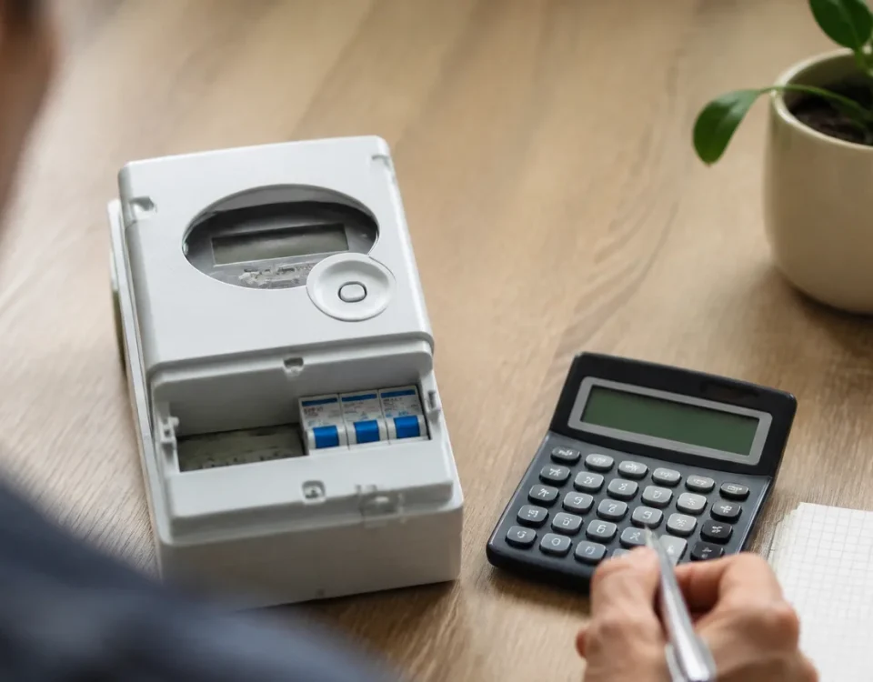 Compteur electrique et calculatrice poses sur un bureau