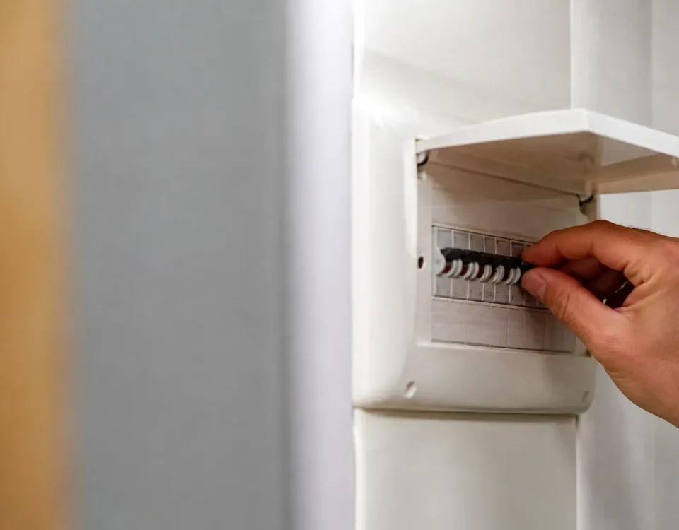 Compteur électrique mural avec main ouvrant un disjoncteur