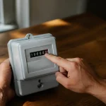 Compteur electrique gris sur table, main pointant les chiffres