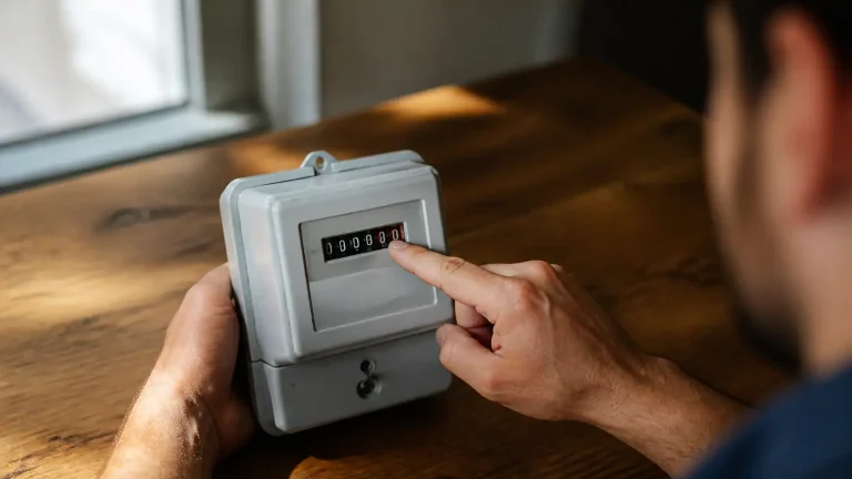 Compteur electrique gris sur table, main pointant les chiffres