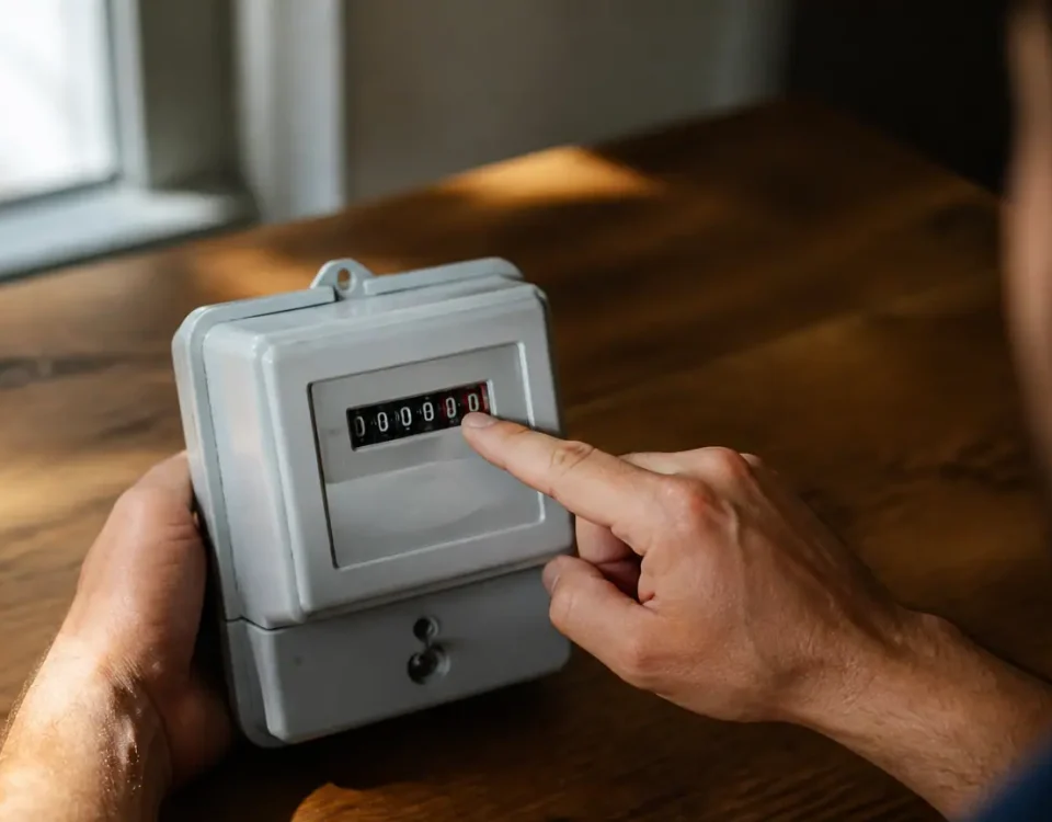 Compteur electrique gris sur table, main pointant les chiffres