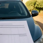 Conducteur debout tient une fiche de paie devant voiture