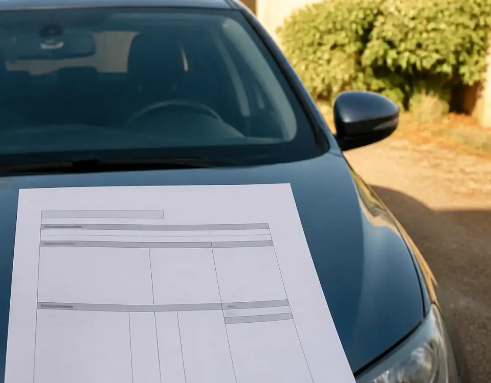 Conducteur debout tient une fiche de paie devant voiture