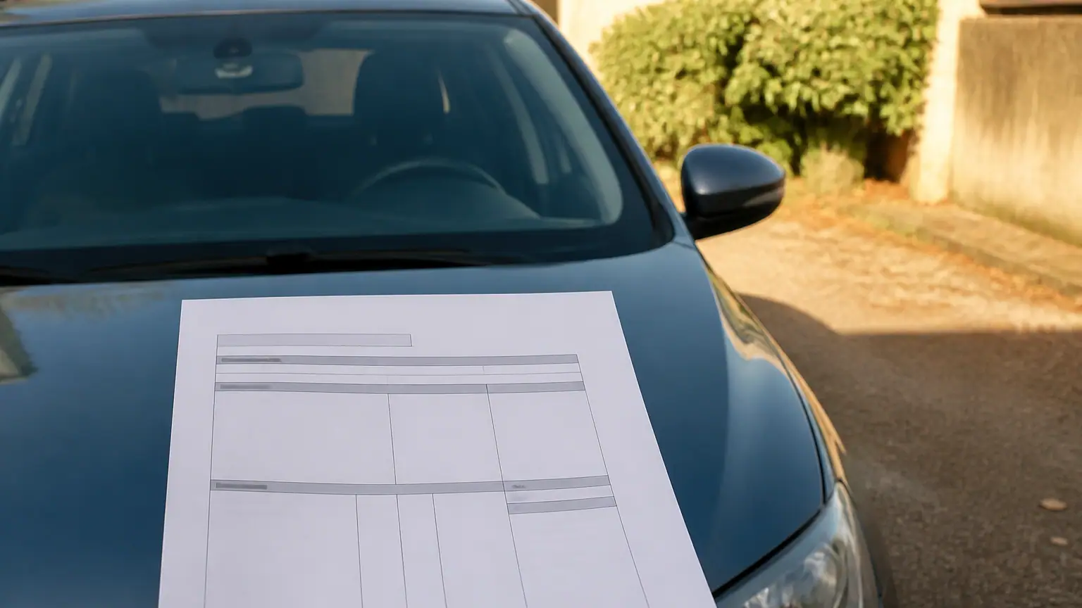 Conducteur debout tient une fiche de paie devant voiture