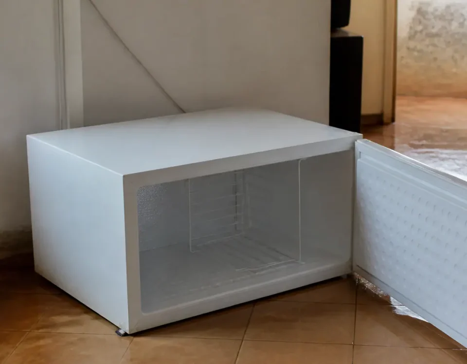 Congelateur couche sur carrelage inonde portes ouvertes