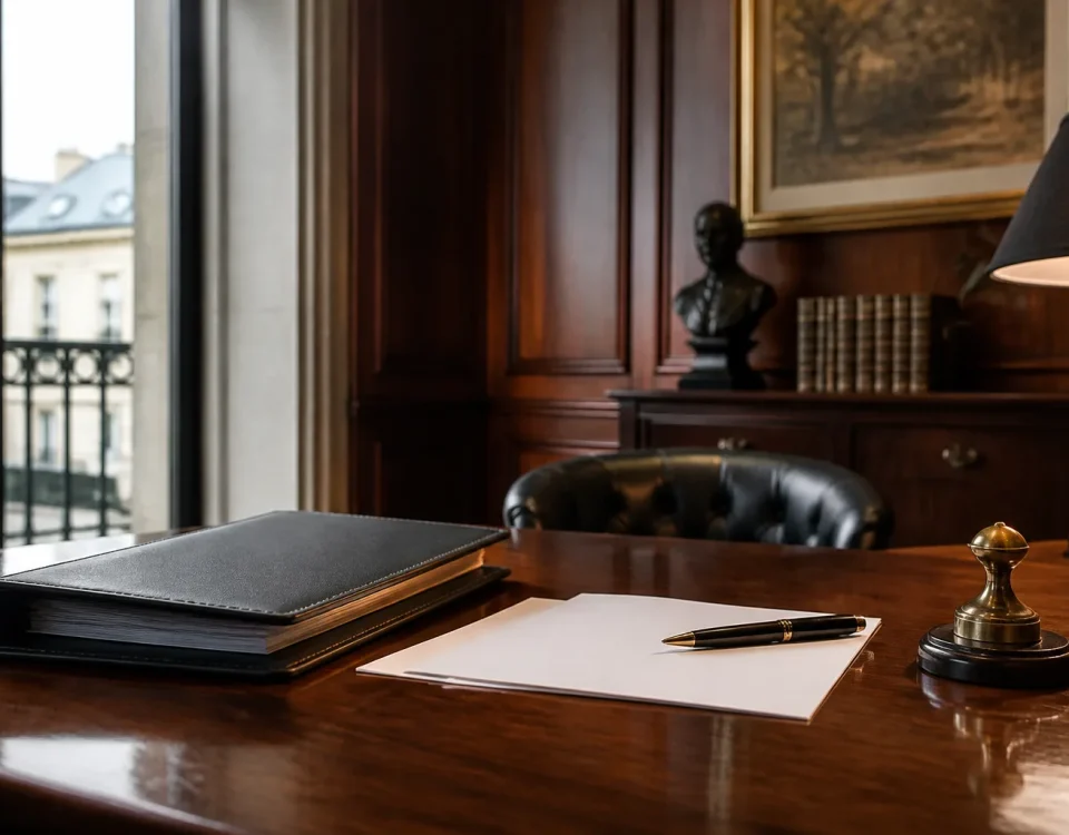 Couple assis face au notaire signant des documents