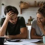 Couple assis devant une table avec factures et calculatrice