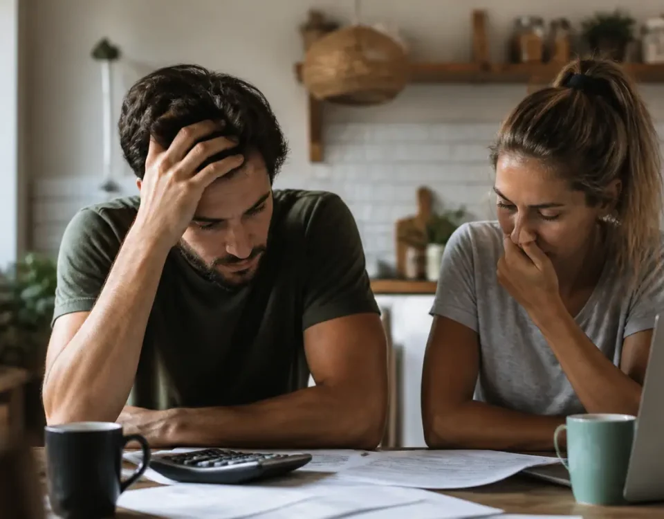Couple assis devant une table avec factures et calculatrice