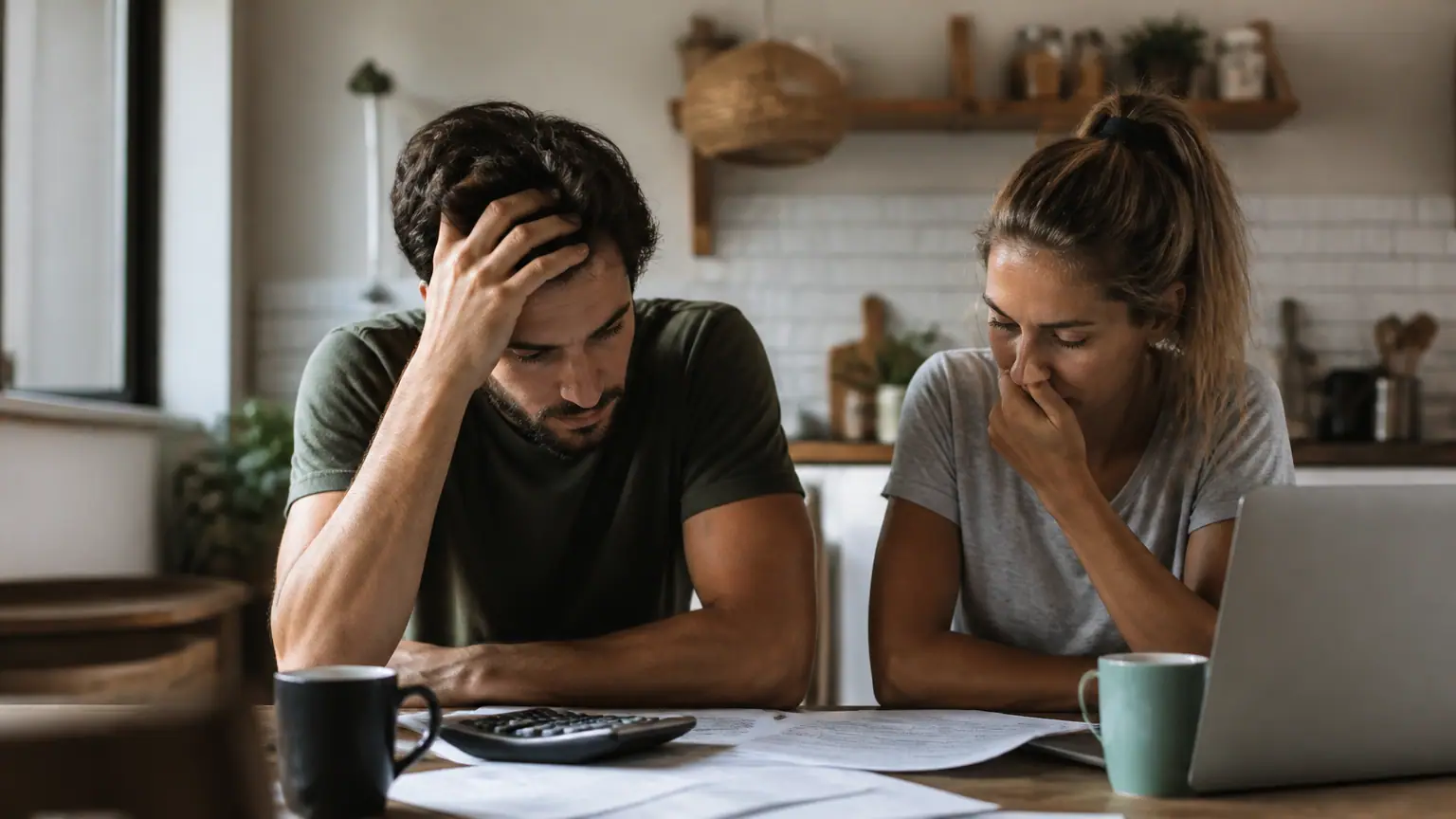 Couple assis devant une table avec factures et calculatrice