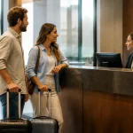 Couple expatrie debout avec valises devant comptoir bancaire