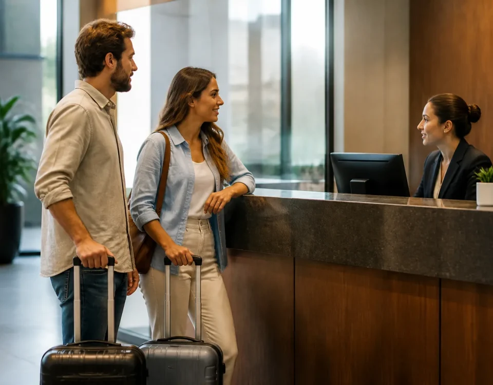 Couple expatrie debout avec valises devant comptoir bancaire