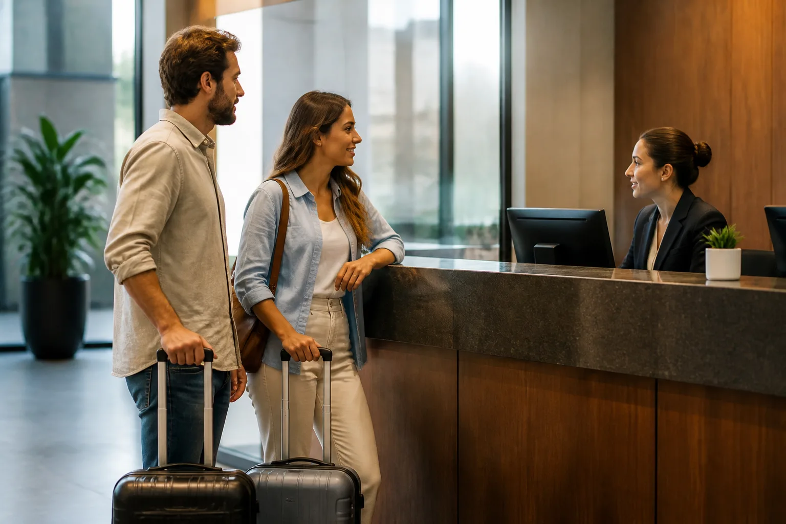 Couple expatrie debout avec valises devant comptoir bancaire