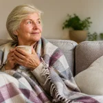 Dame agee assise sur canape couverte dun plaid