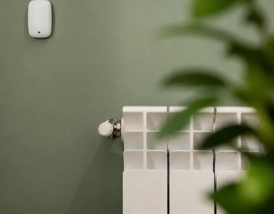 Petit detecteur blanc fixe au mur pres du radiateur