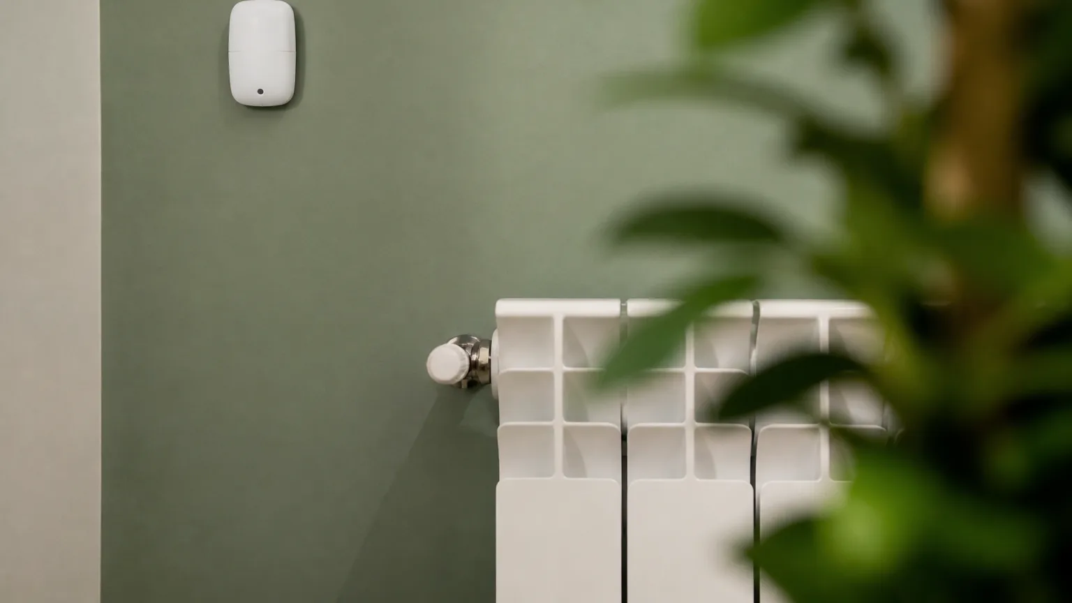 Petit detecteur blanc fixe au mur pres du radiateur