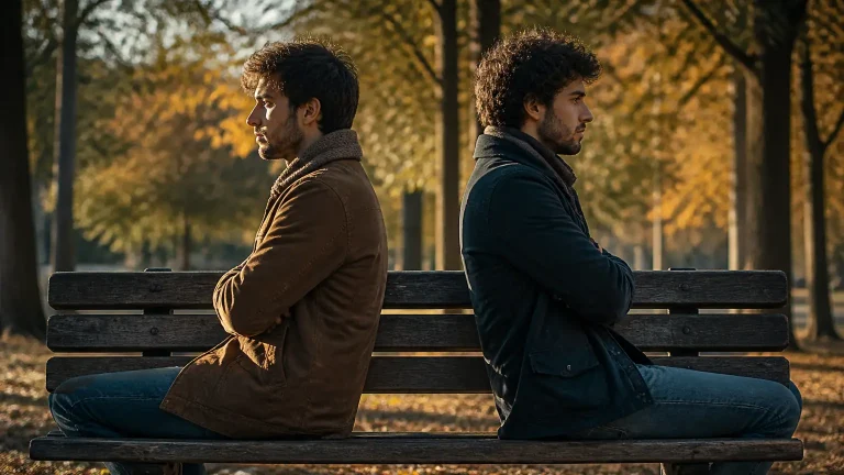 Deux freres assis sur un banc, dos a dos