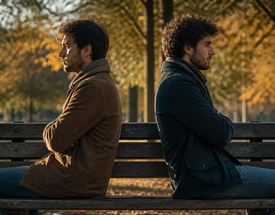 Deux freres assis sur un banc, dos a dos