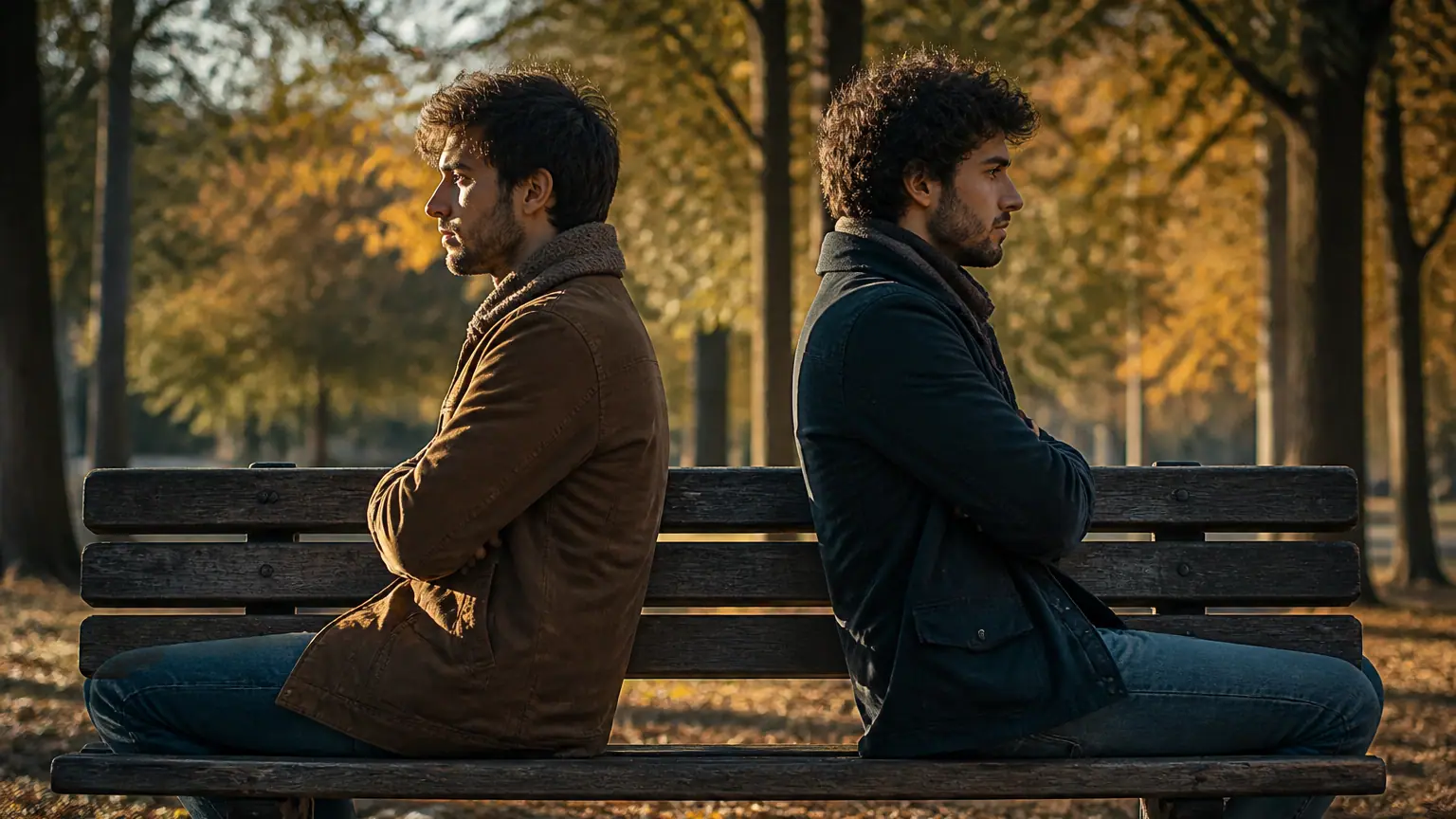 Deux freres assis sur un banc, dos a dos